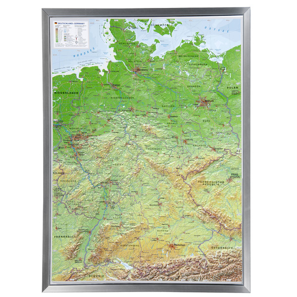 Georelief Mappa Germania, carta in rilievo grande con cornice in alluminio (in tedesco)