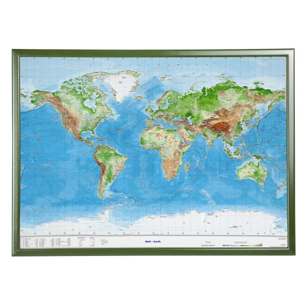 Georelief Mappa del Mondo Planisfero in rilievo grande, con cornice in legno (in tedesco)