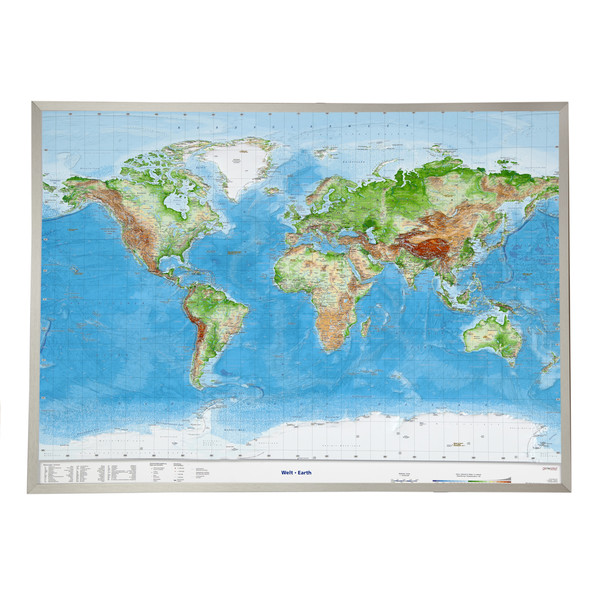 Georelief Mappa del Mondo Planisfero in rilievo grande, con cornice in alluminio (in tedesco)