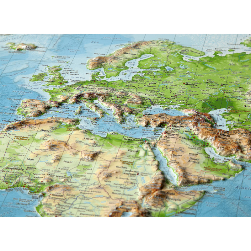 Georelief Mappa del Mondo Planisfero, carta in rilievo grande, INGLESE