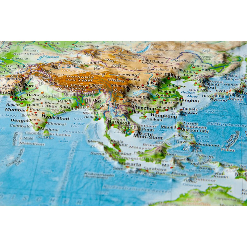 Georelief Mappa del Mondo Planisfero in rilievo grande, con cornice in legno (in tedesco)