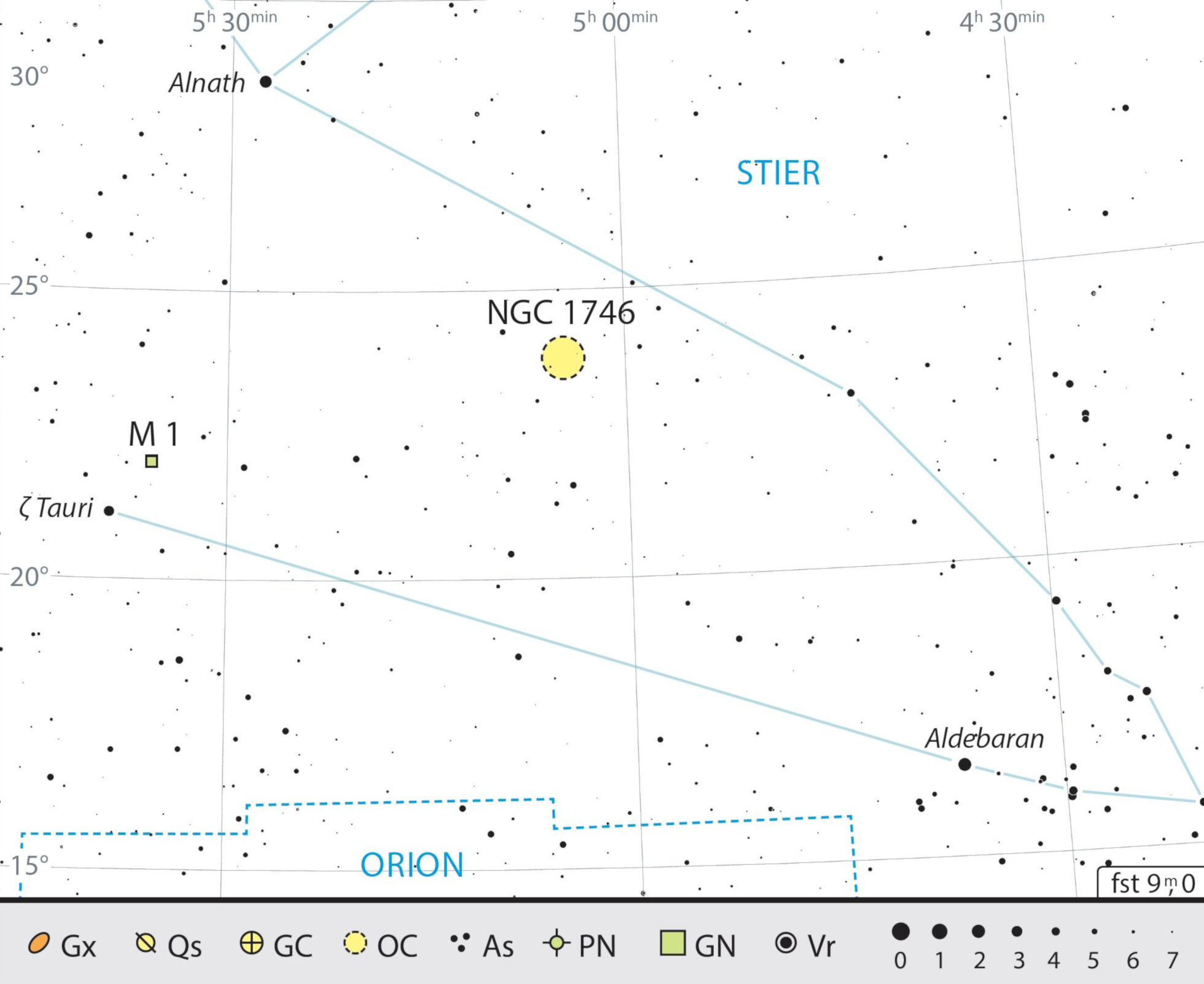 Mappa celeste per Messier 1 nella costellazione del Toro. J. Scholten