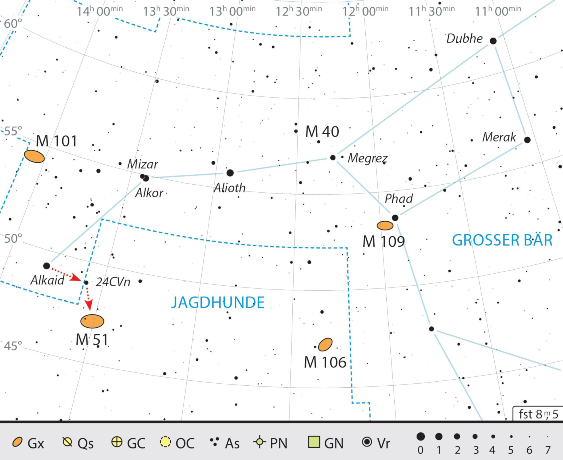 Mappa celeste per M51 nella costellazione dei Cani da Caccia. J. Scholten