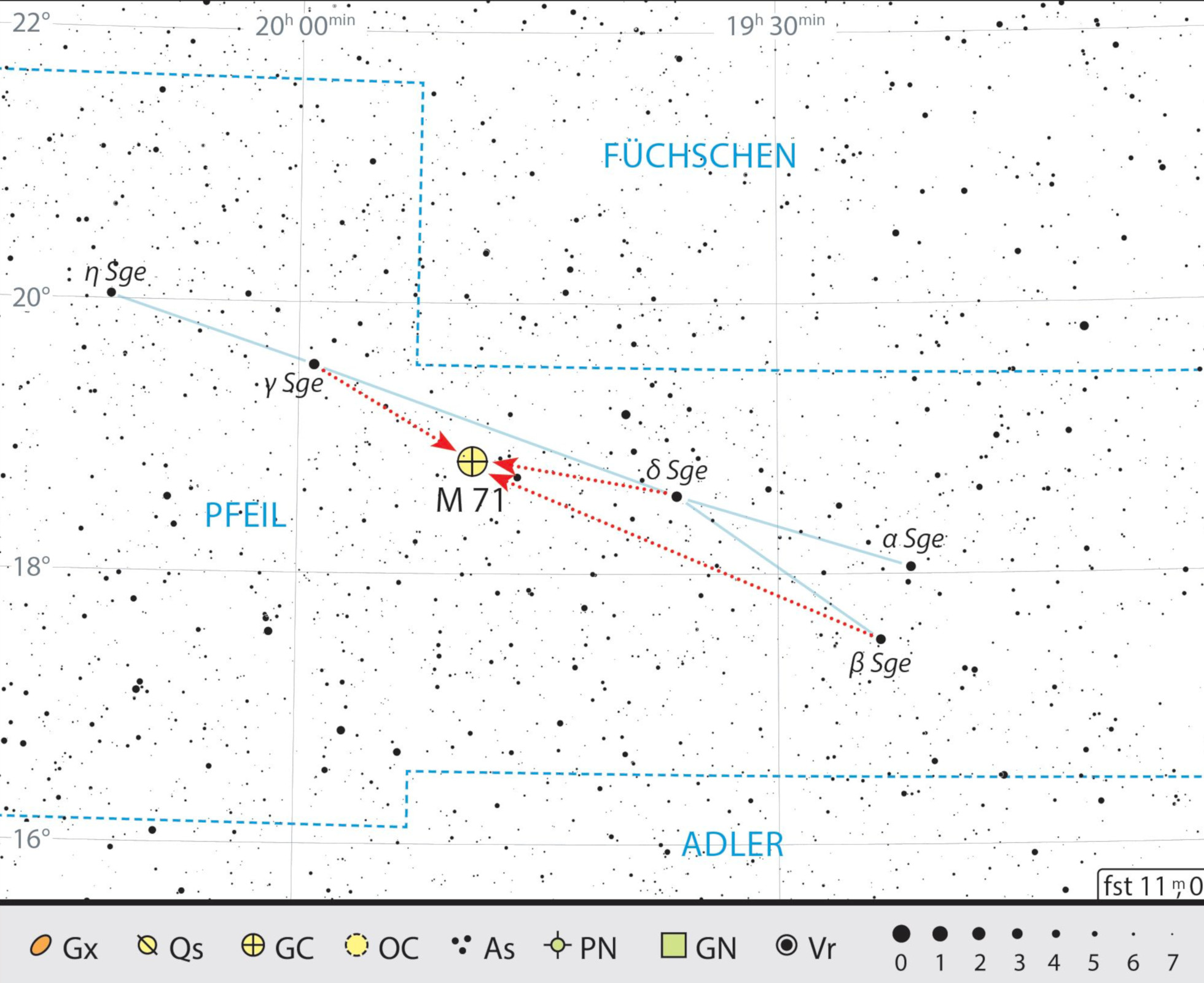 Mappa celeste per Messier 71 nella costellazione della Freccia. J. Scholten