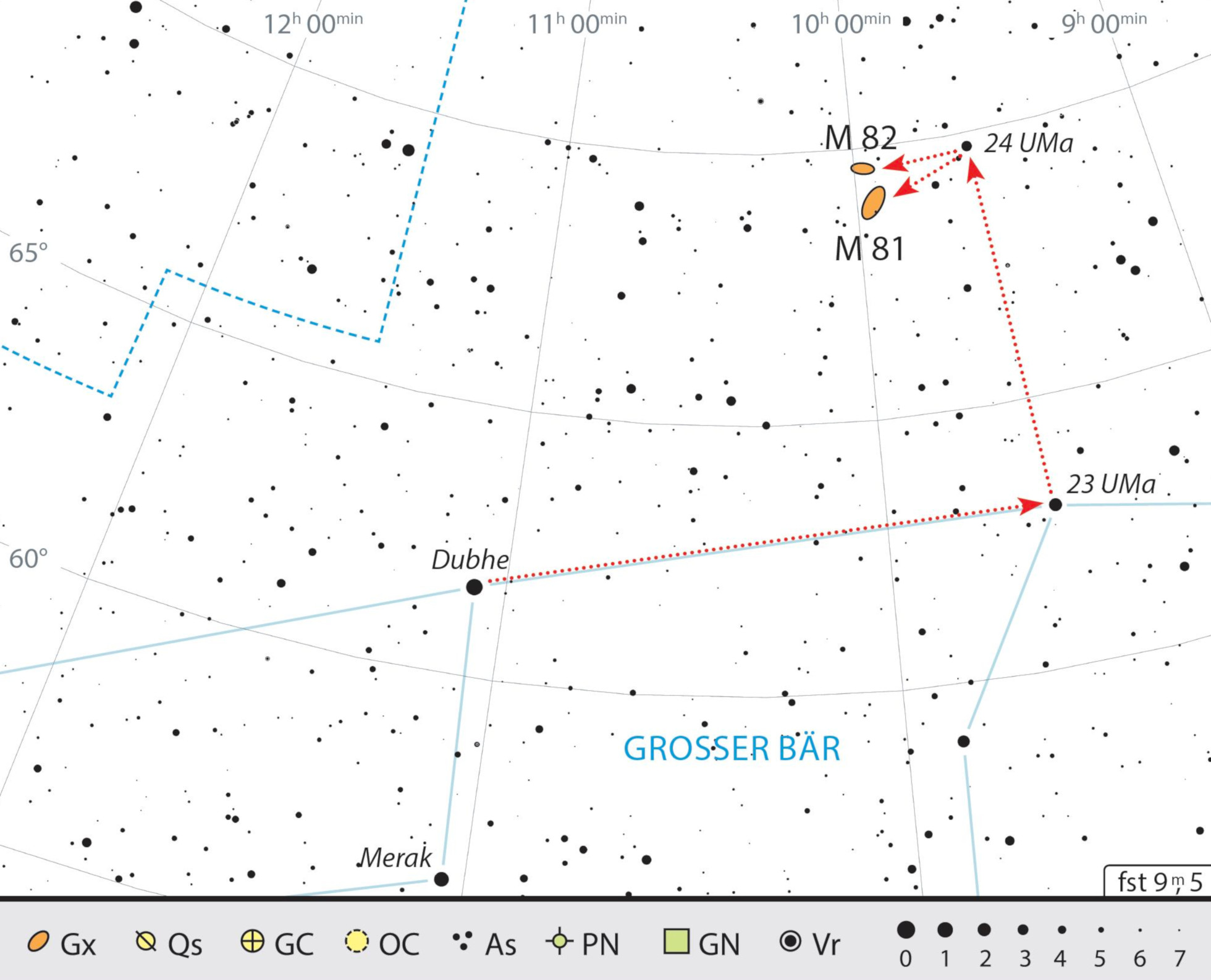 Mappa celeste per M81 e M82 nella costellazione dell'Orsa Maggiore J. Scholten
