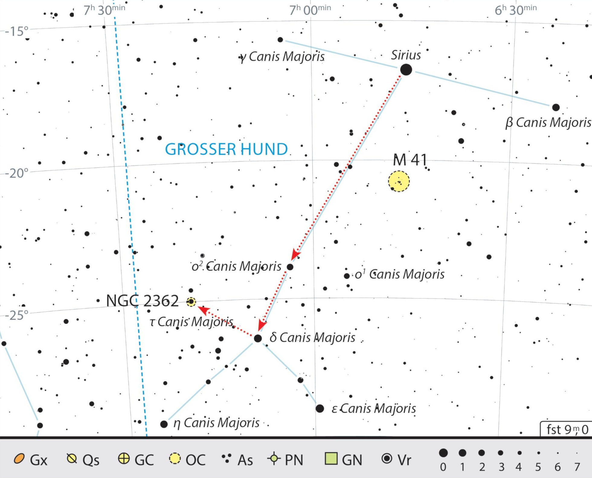 Mappa celeste per l'ammasso di Tau Canis Majoris, nella costellazione del Cane Maggiore. J. Scholten