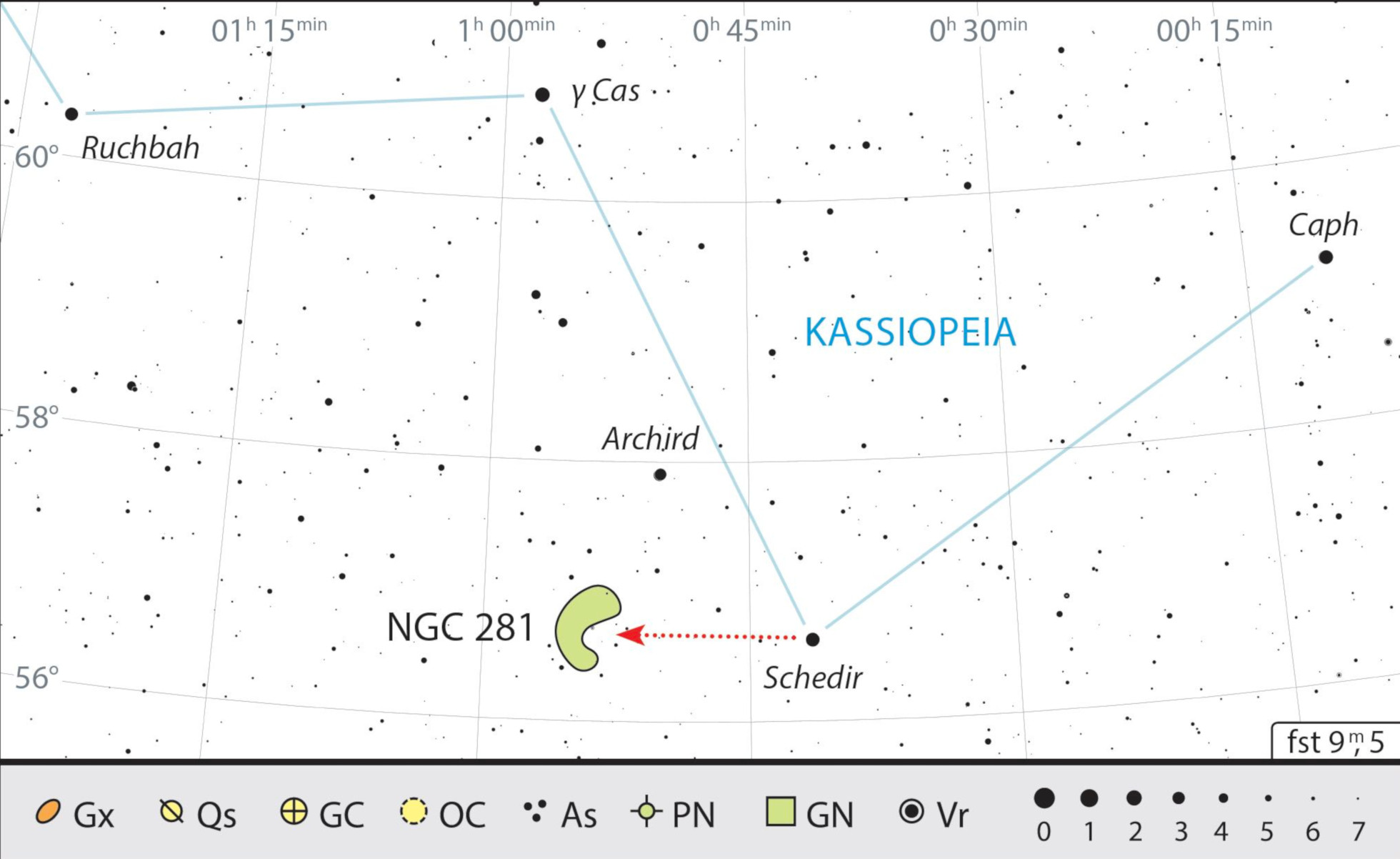 La nebulosa Pacman si trova nelle vicinanze di α Cas (Schedir), la stella principale di Cassiopea. J. Scholten