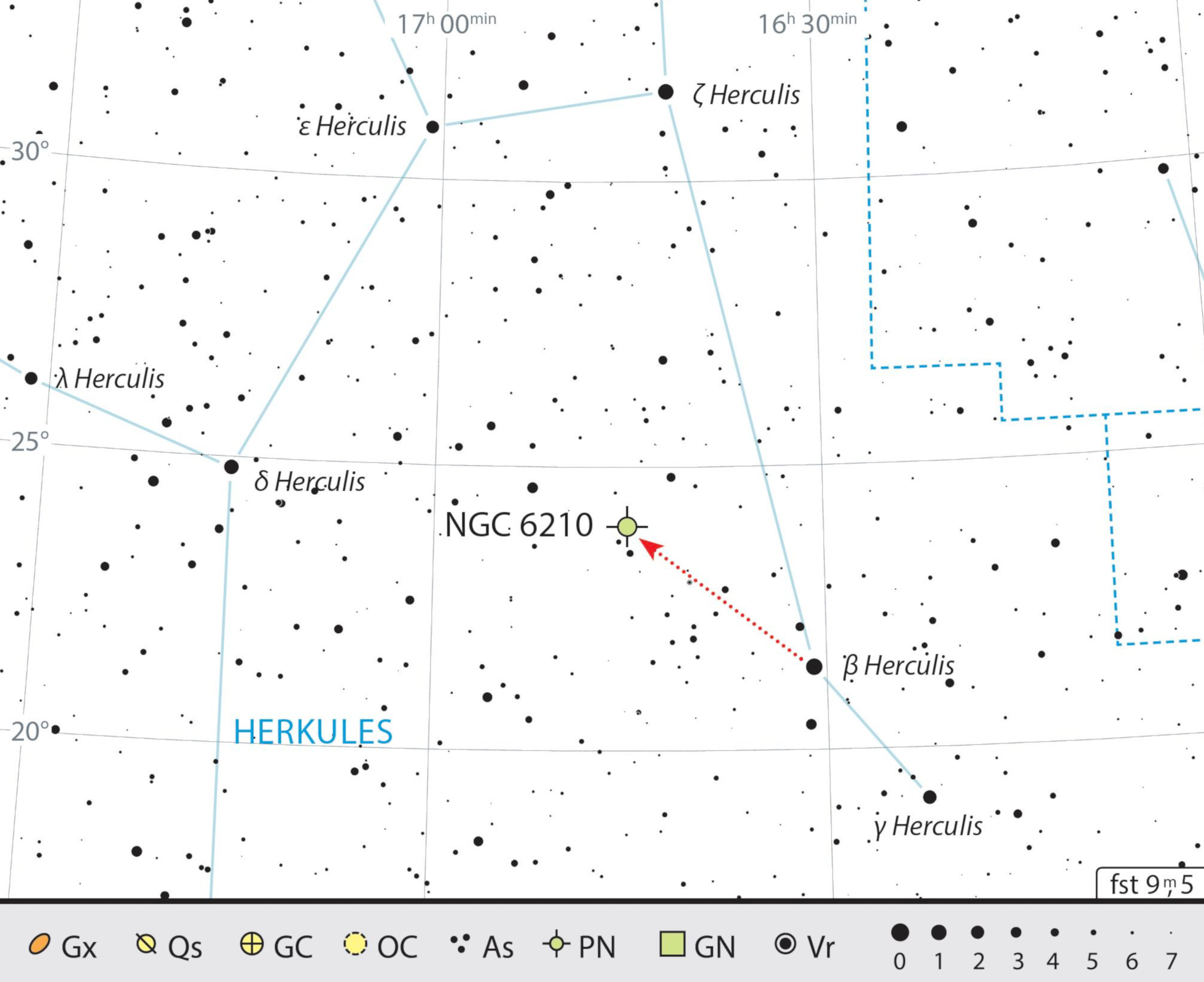 Mappa celeste di NGC 6210 nella costellazione di Ercole. J. Scholten