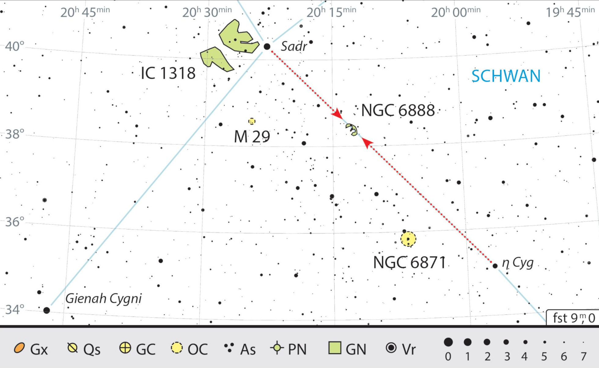 La nebulosa Crescente si trova a circa un terzo del percorso che separa Sadr (γ Cyg) e η Cyg. J. Scholten