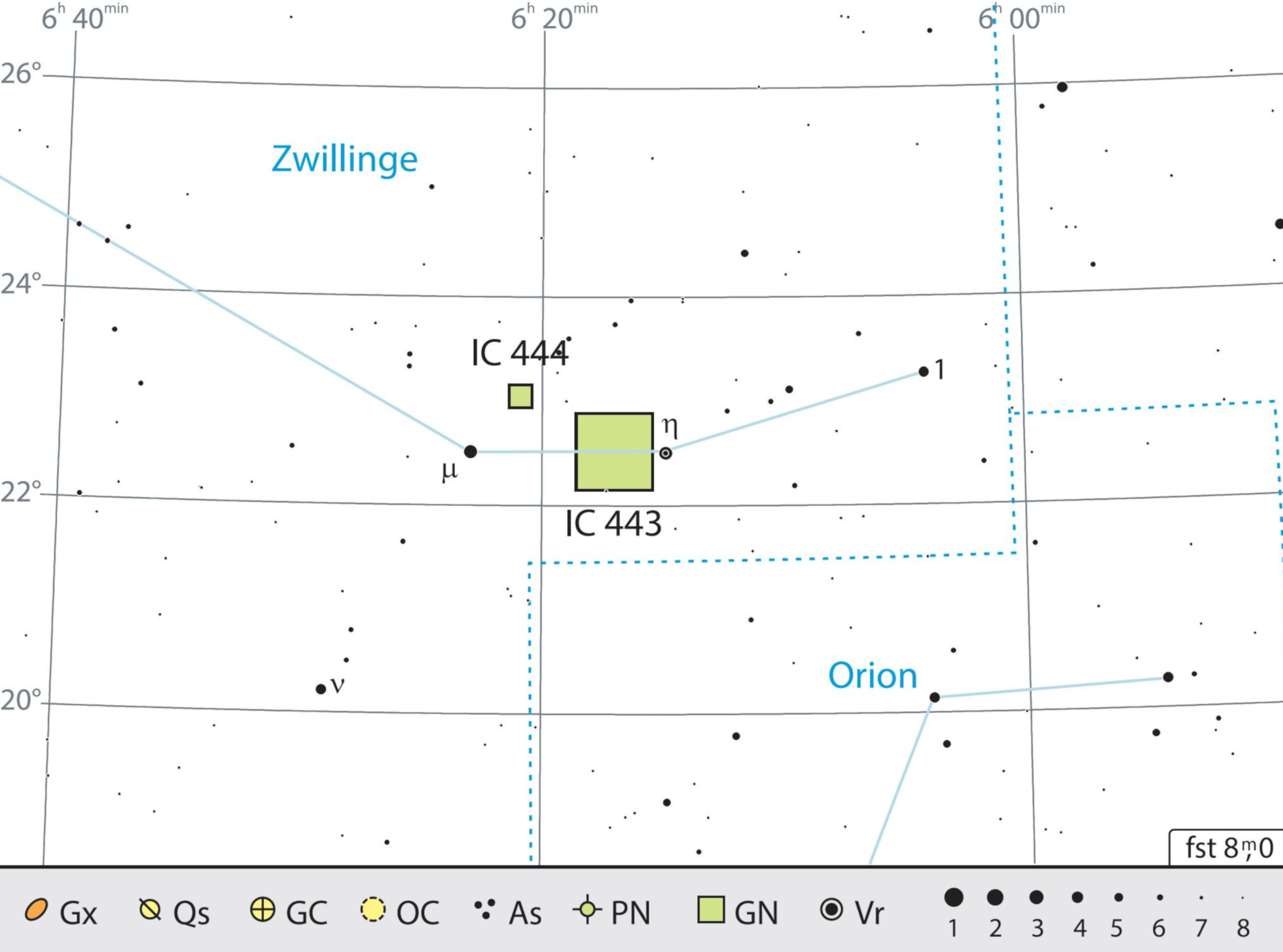 IC 443 è facile da trovare tra le stelle μ e η nella costellazione dei Gemelli. J. Scholten