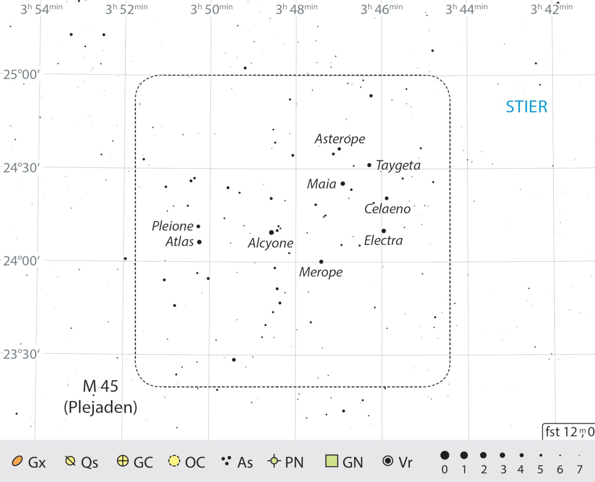Mappa celeste con i consigli per l'osservazione delle Pleiadi. J. Scholten
