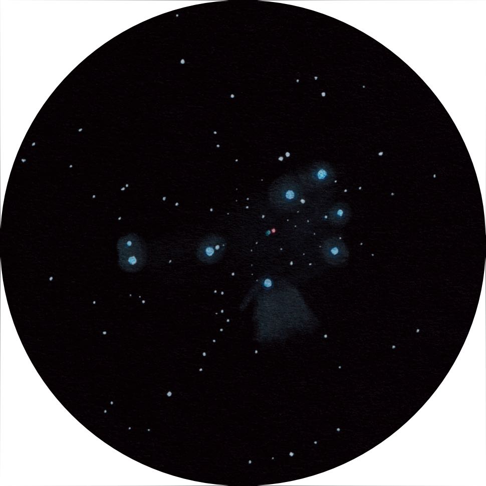 Immagine delle Pleiadi con un binocolo 20x125. Uwe Glahn