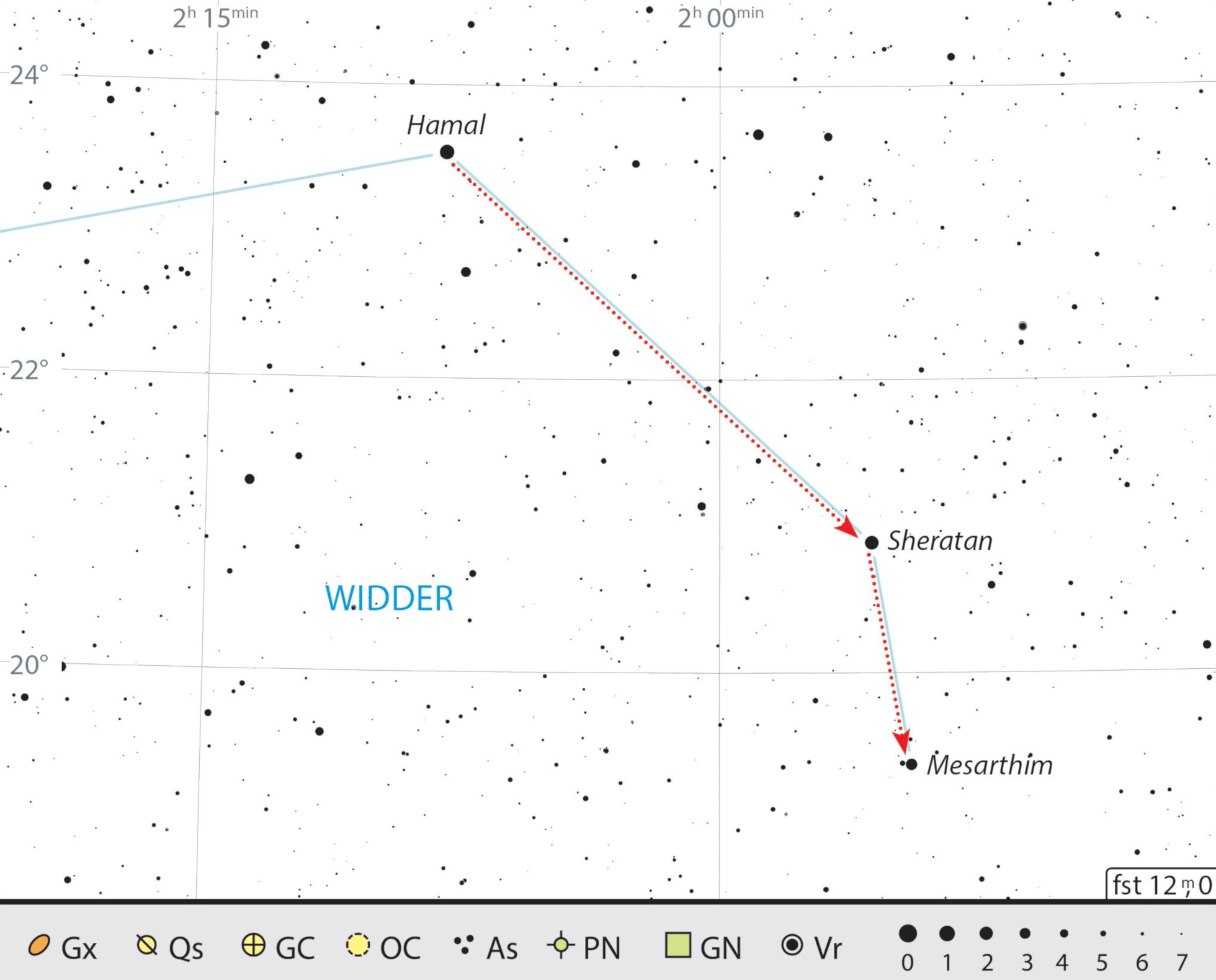 Mappa celeste per Mesarthim nella costellazione dell'Ariete. J. Scholten