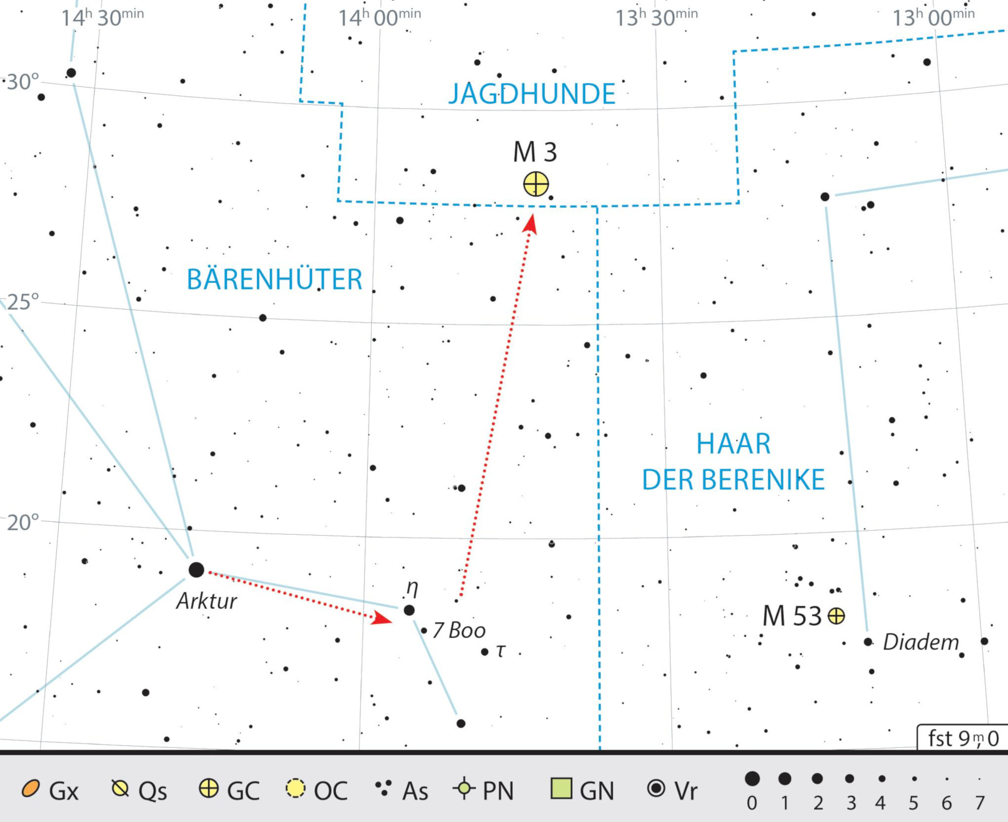 Mappa celeste per M3 nella costellazione dei Cani da Caccia. J. Scholte
