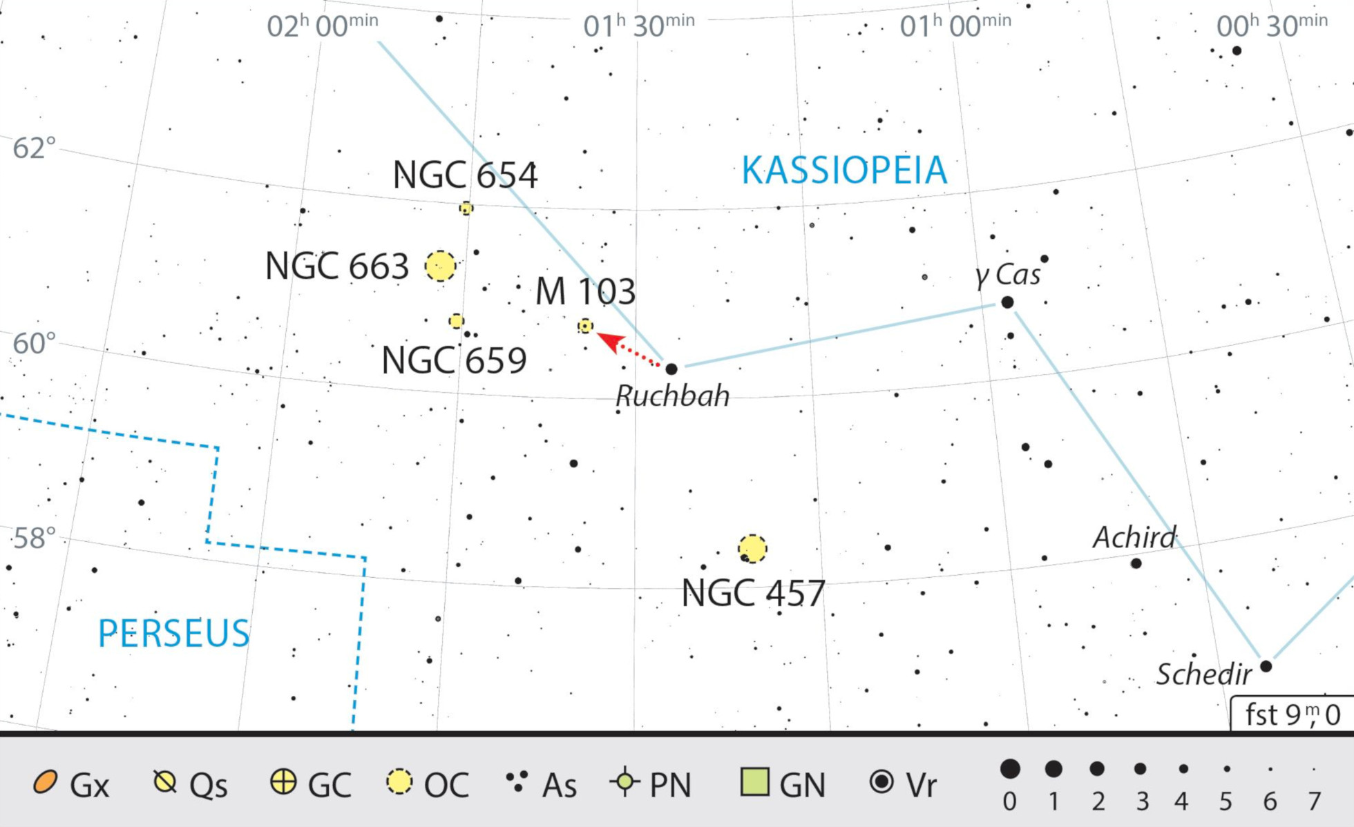 M103 è facile da individuare vicino alla stella Ruchbah (δ Cas). J. Scholten