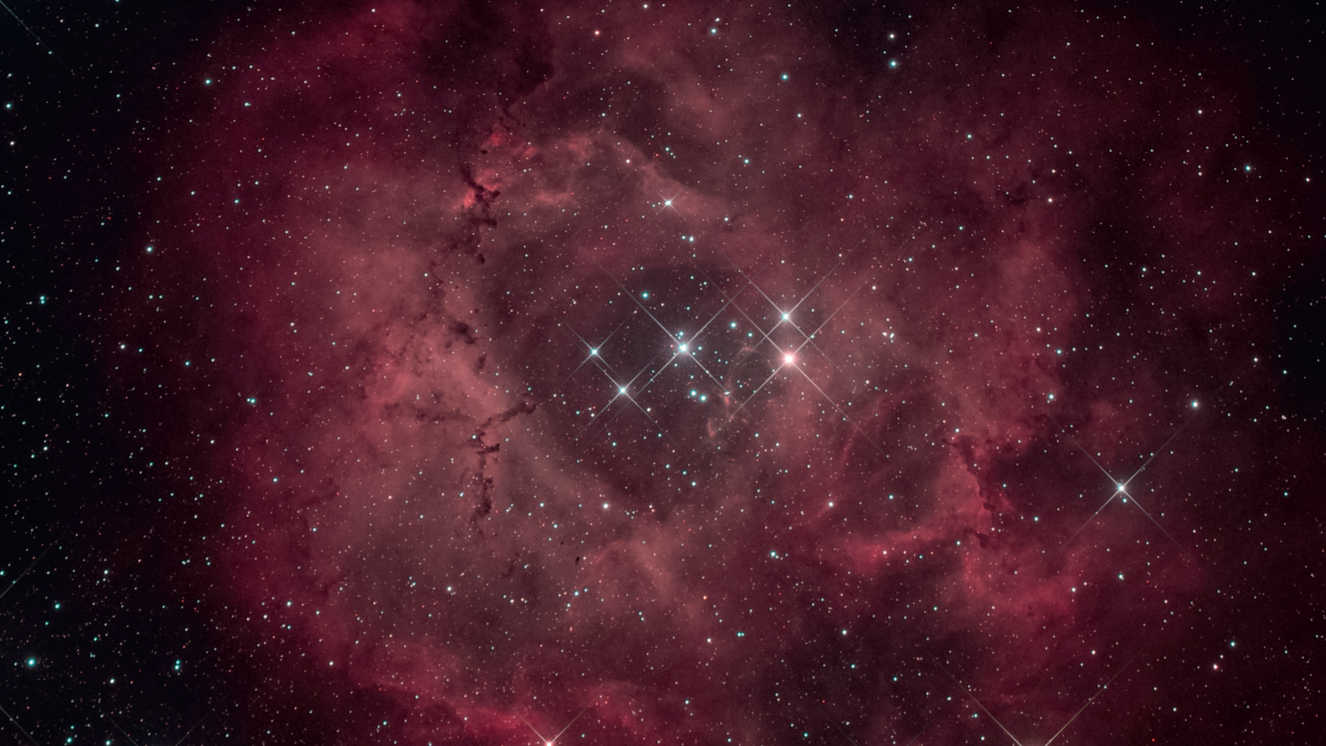 In base all’oggetto da fotografare, possono andare bene fotocamere diverse: per questo scatto della nebulosa Rosetta NGC 2244 con la stella centrale è stata usata una DSLR modificata Hα di tipo Canon D6 su un telescopio con lunghezza focale 530 mm (rapporto focale f/5). L’immagine è composta da 10 scatti con tempo di esposizione di 450 secondi ciascuno (ISO 1600) e quindi ha un tempo di esposizione totale di 75 minuti. U. Dittler.