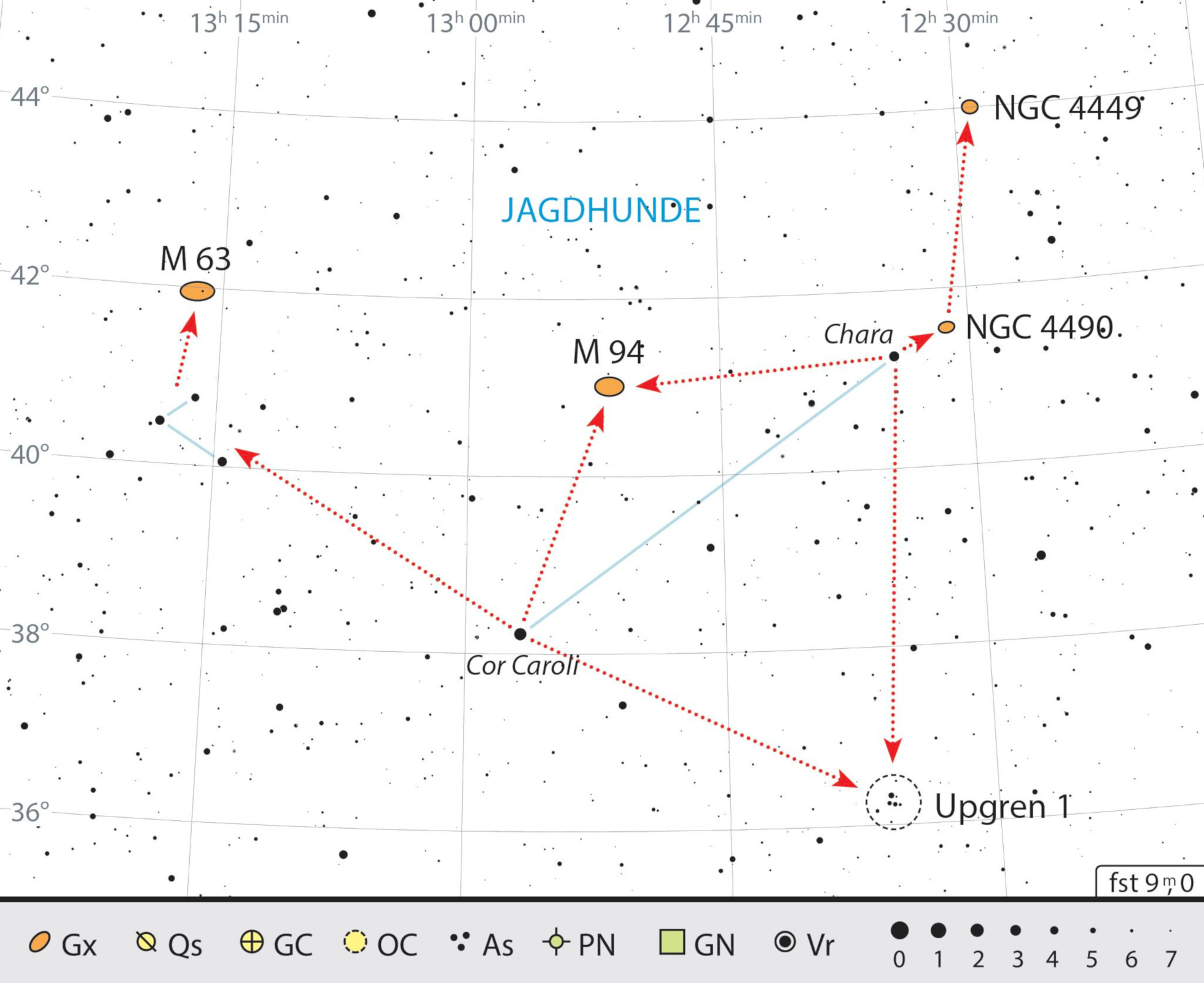 Mappa celeste degli oggetti descritti. Nella regione povera di stelle dei Cani da Caccia la ricerca delle galassie può essere una sfida. J. Scholten