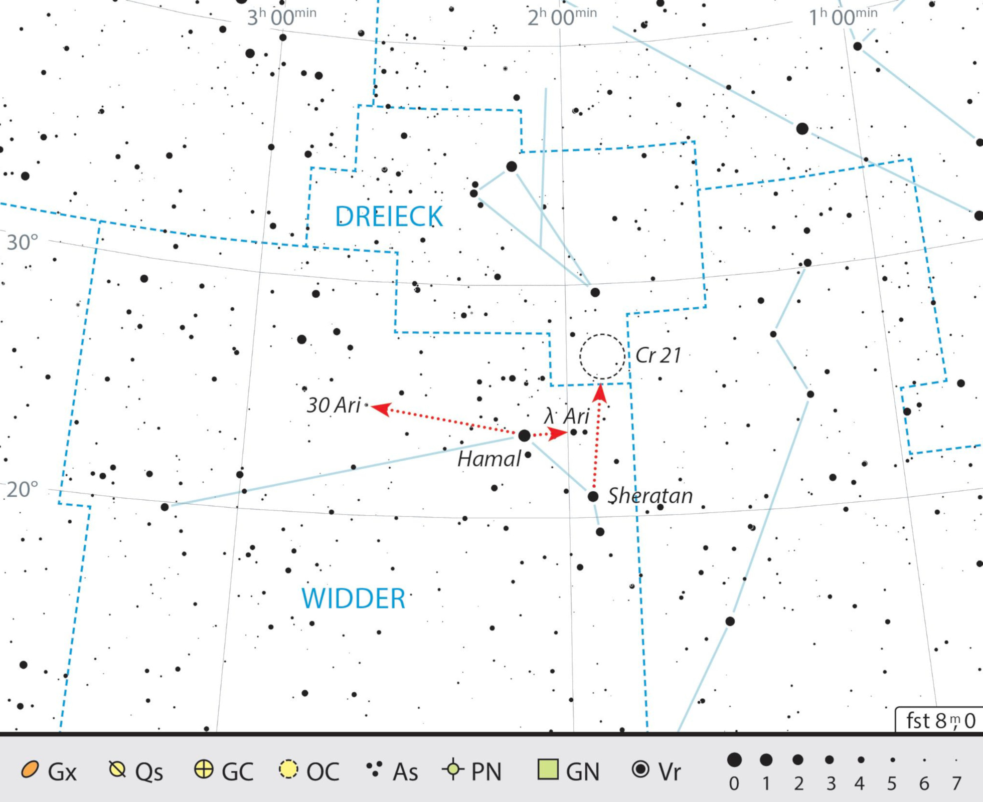 Gli oggetti della nostra escursione al binocolo, che non si limita solo alla costellazione dell’Ariete, ma sconfina nel Triangolo. J. Scholten