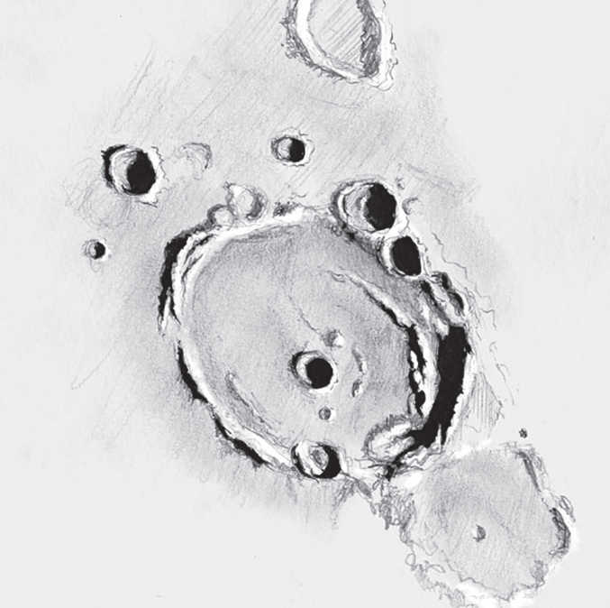 Illustrazione di Posidonius: salta all'occhio la catena montuosa leggermente spiraliforme che percorre l'interno del cratere. Serge Vieillard