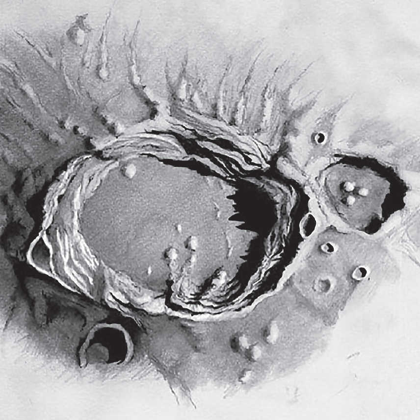 Zeichnung von Aristoteles und Mitchell durch ein Teleskop mit 400mm Öffnung, Vergrößerung 385×. In einem Teleskop mit dieser Öffnung zeigen beide Krater enorm viele Details. Serge Vieillard