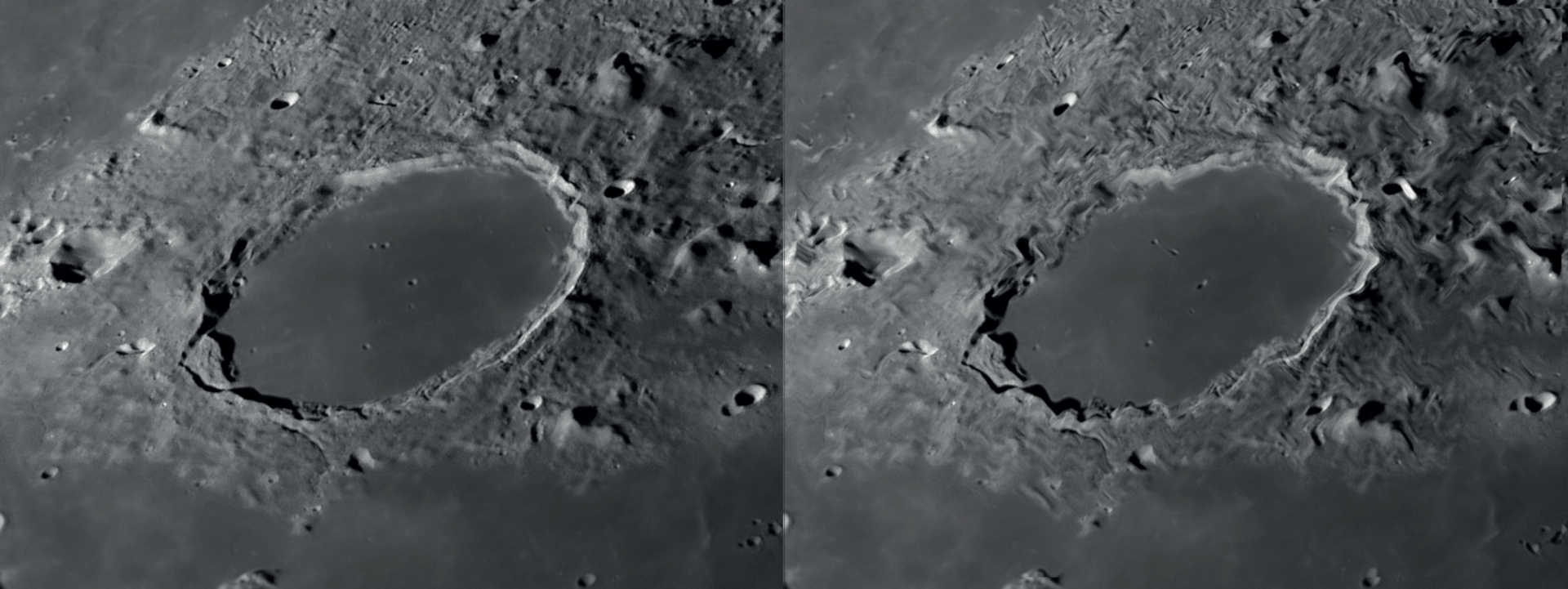 Se il seeing è buono il grado di riconoscibilità dei dettagli nell’osservazione lunare e planetaria è alto (sinistra). Movimenti d’aria lenti portano a una distorsione locale dell’immagine, mentre le altre zone restano nitide (destra). NASA/GSFC/Arizona State University/L. Spix