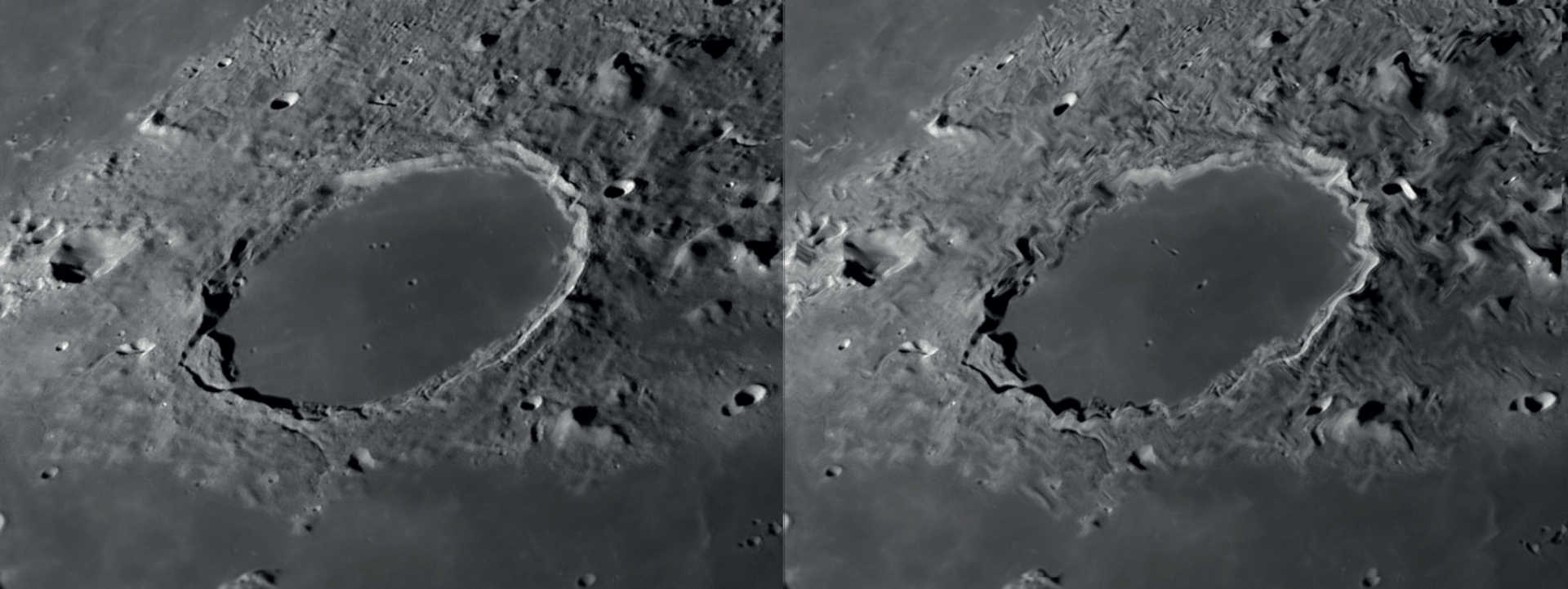Se il seeing è buono il grado di riconoscibilità dei dettagli nell’osservazione lunare e planetaria è alto (sinistra). Movimenti d’aria lenti portano a una distorsione locale dell’immagine, mentre le altre zone restano nitide (destra). NASA/GSFC/Arizona State University/L. Spix