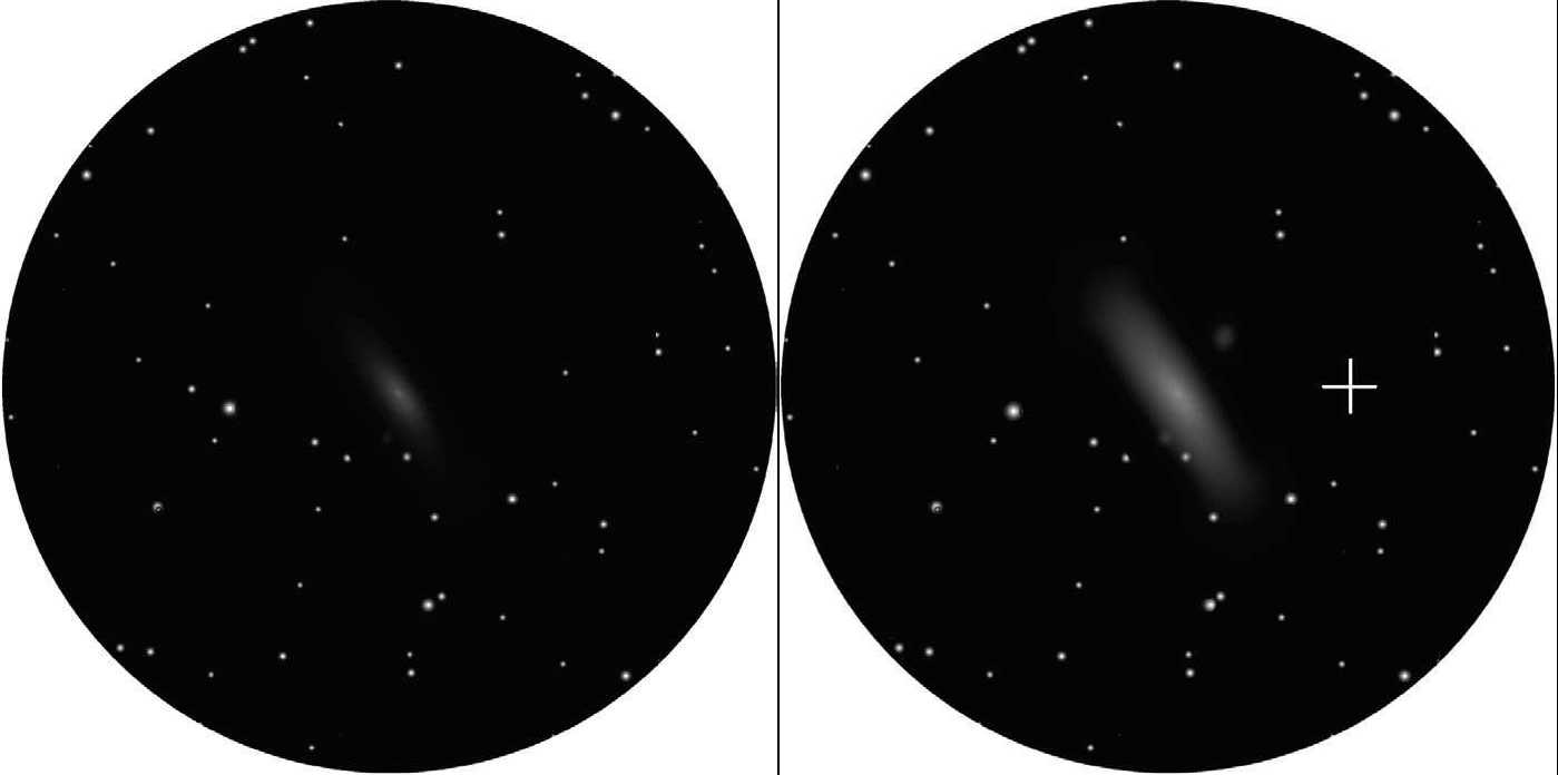 Con la visione indiretta (destra) diventa visibile anche il disco della galassia di Andromeda M31. La croce indica un possibile punto su cui fissare lo sguardo. L. Spix