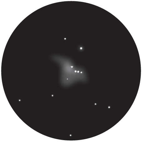 Illustrazione della costellazione di Orione M42 in un telescopio con apertura di 60 mm, ingrandimento 50x. L. Spix