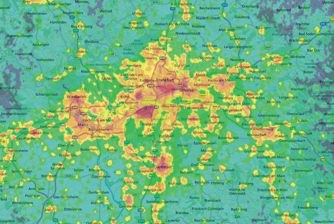 Estratto di una mappa dell’inquinamento luminoso della zona di Francoforte. Jurij Stare, www.lightpollutionmap.info/Earth Observation Group,
NOAA National Geophysical Data Center