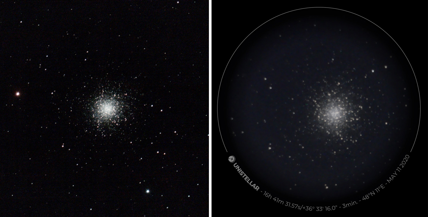 Stellina ed eVscope a confronto con l’ammasso globulare M13. Tempo di esposizione: Vaonis 25 minuti, Unistellar 3 minuti.
 