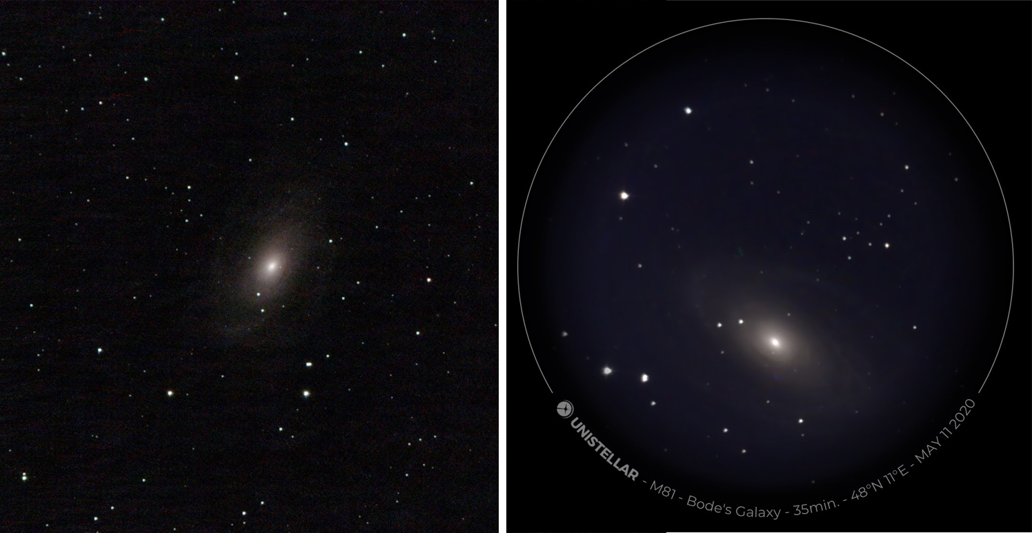 I due telescopi a confronto con la galassia M 81. Tempi di esposizione: Vaonis 30 minuti, Unistellar 35 minuti.
