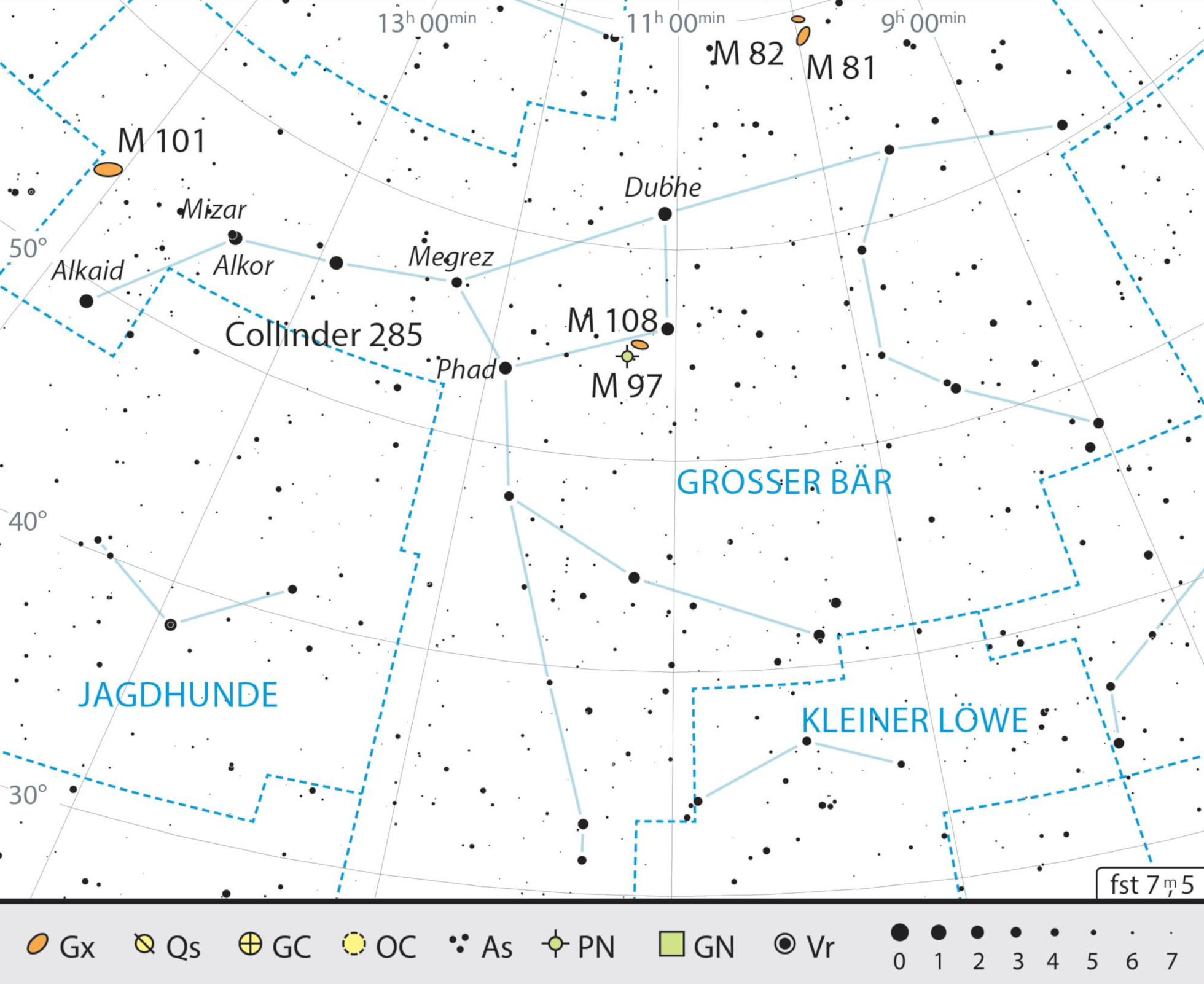 Mappa celeste dell'Orsa Maggiore con gli oggetti consigliati. J. Scholten
