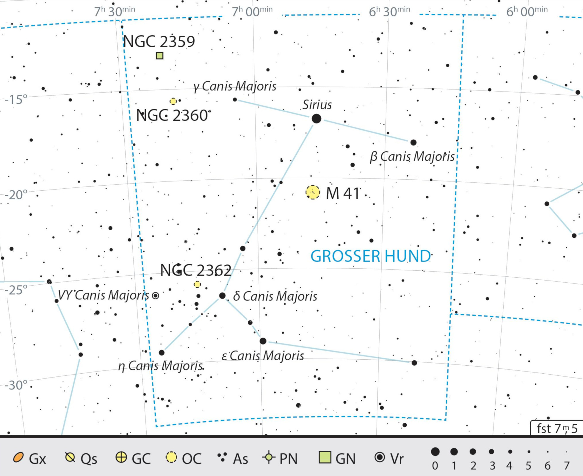 Mappa celeste per la costellazione del Cane Maggiore, con gli oggetti consigliati. J. Scholten