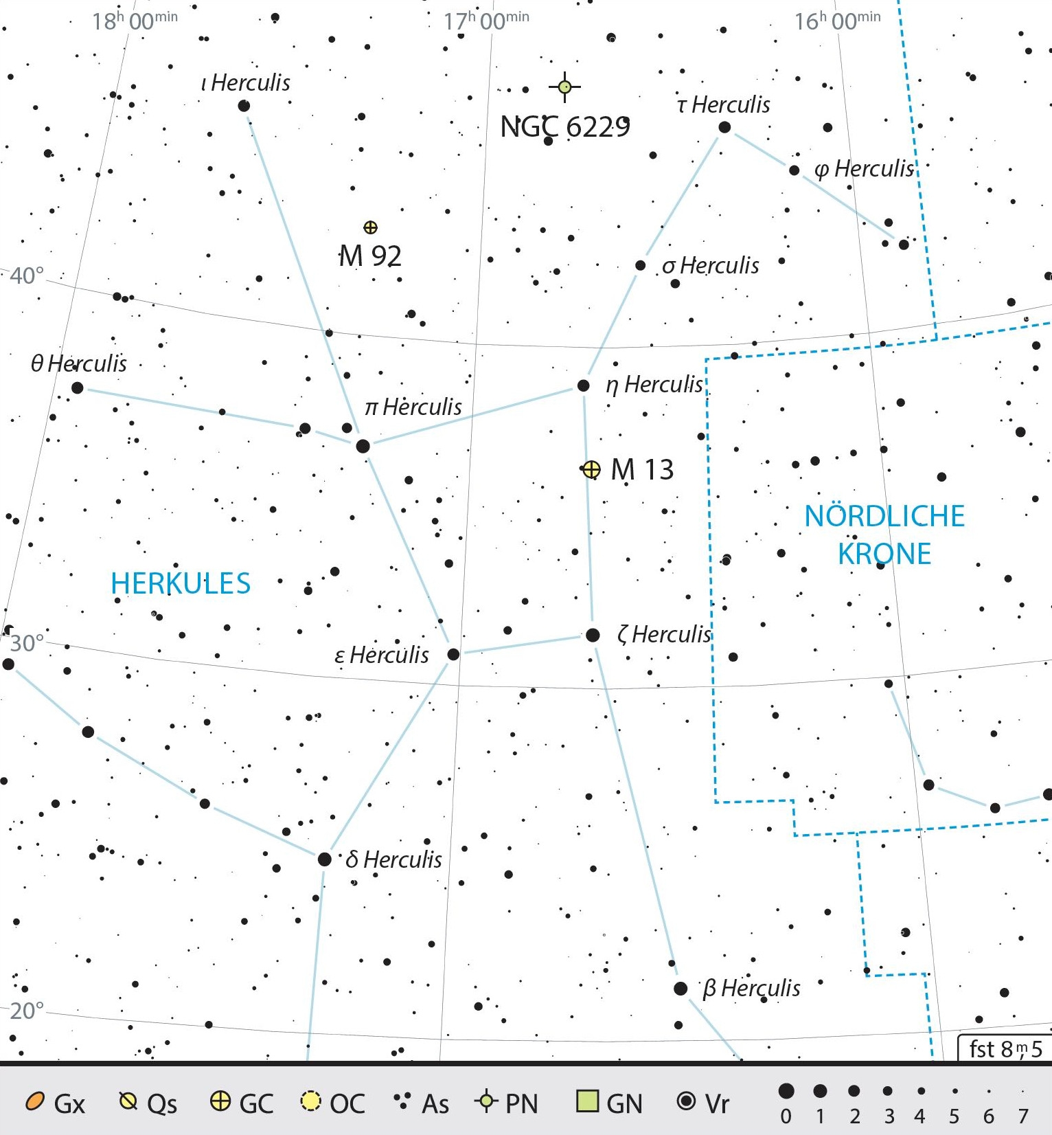 Mappa celeste per la costellazione di Ercole, con gli oggetti consigliati. J. Scholten