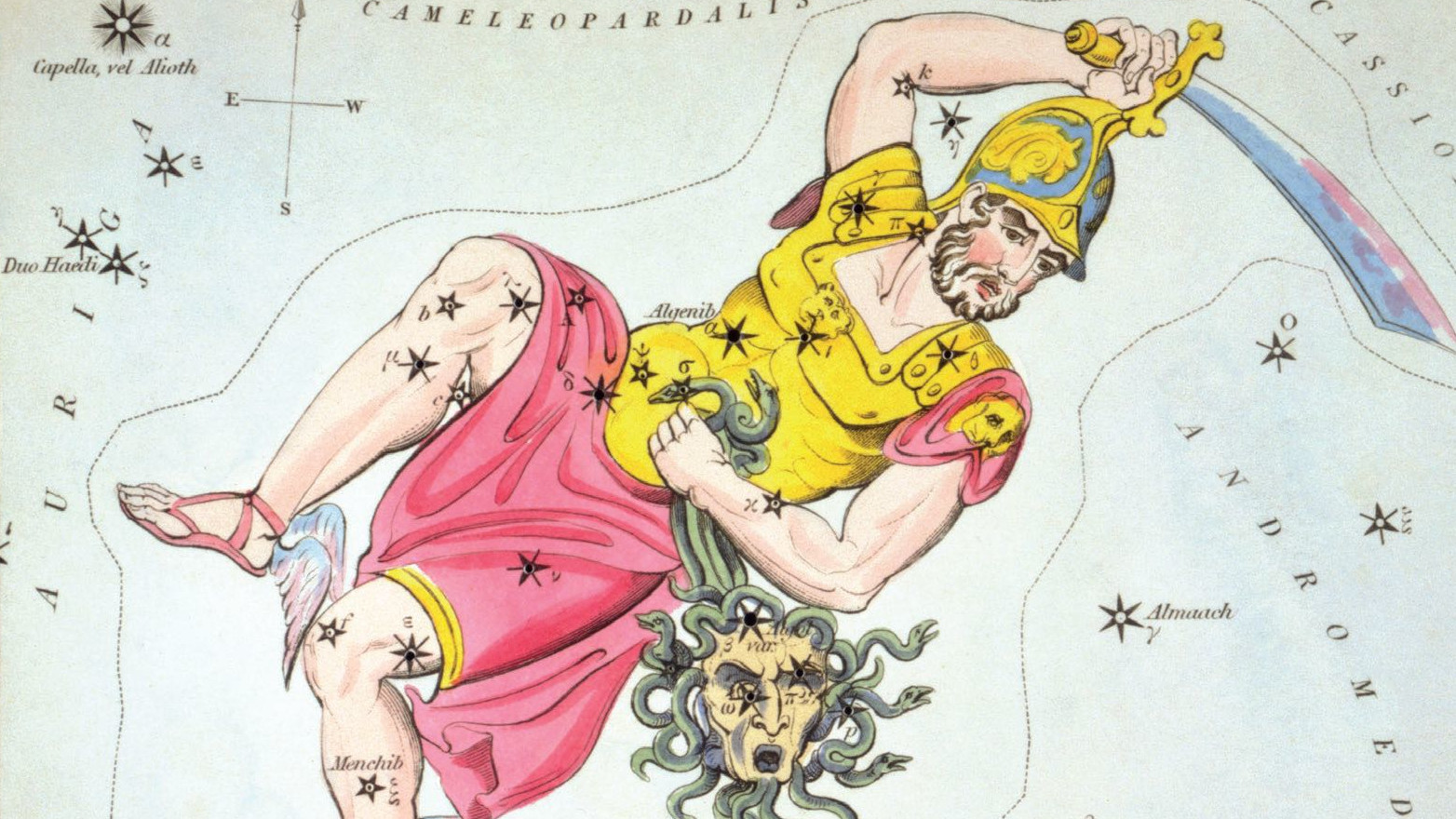 Le iconografie della costellazione mostrano l’eroe Perseo con la testa mozzata della Medusa, rappresentata dalla stella Algol.