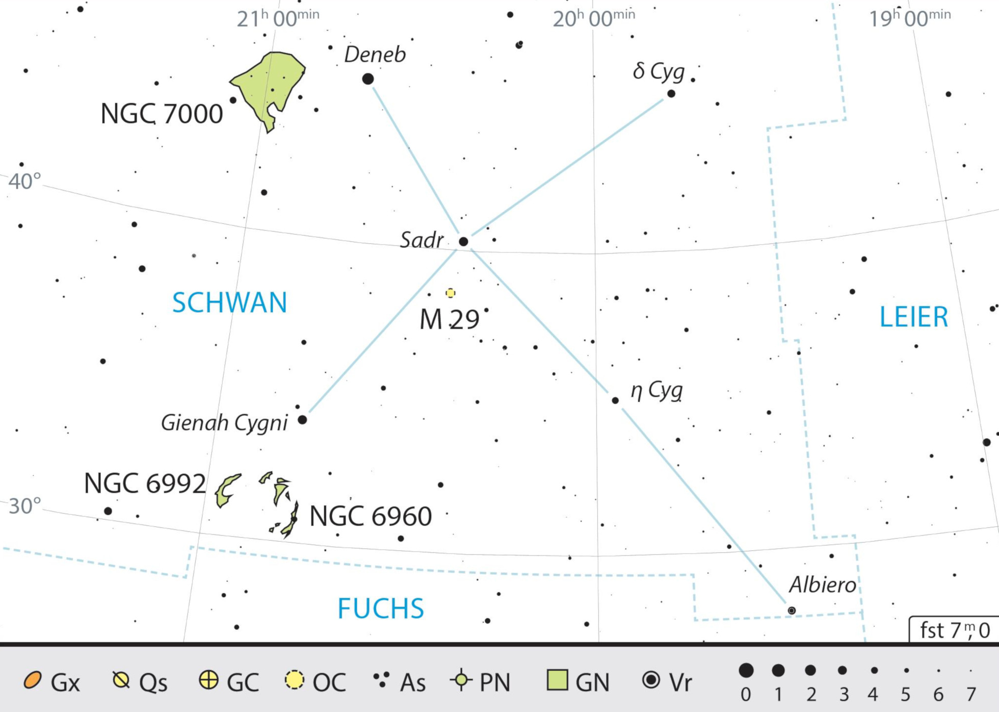 Mappa celeste per la costellazione del Cigno, con gli oggetti consigliati. J.Scholten