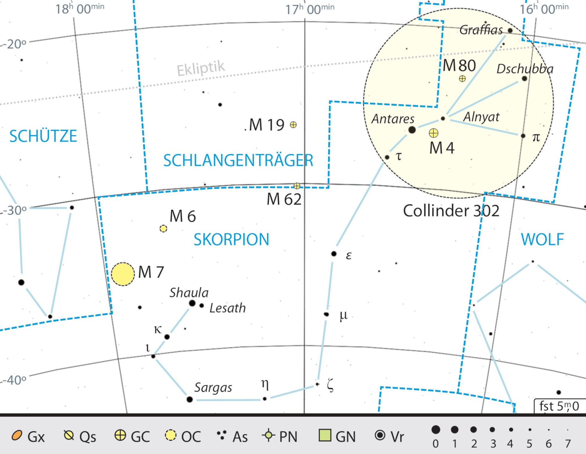 Mappa celeste per la costellazione dello Scorpione con gli oggetti consigliati; nel cerchio, l'Associazione di Antares. Kai v. Schauroth