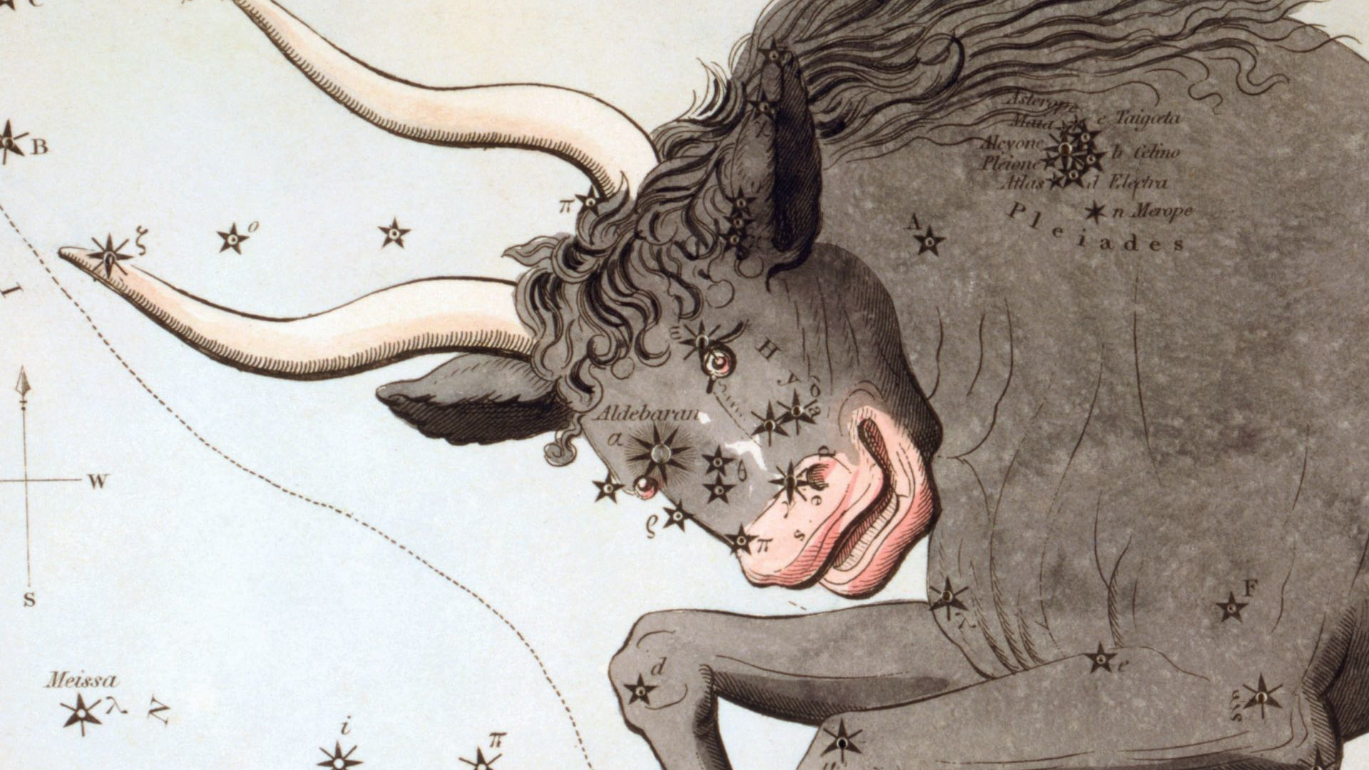 Mentre le antiche mappe celesti mostrano un grande Toro, senza strumenti nel cielo notturno di solito si riescono a distinguere solo gli occhi, le punte delle due corna e due ammassi stellari.