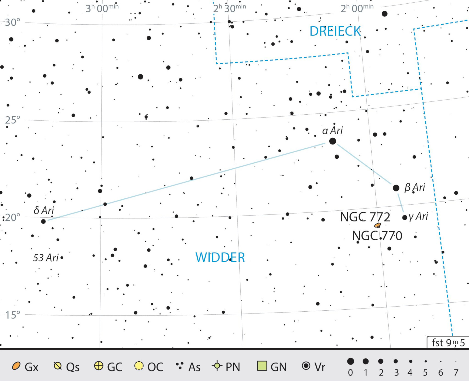 Mappa celeste per la costellazione dell'Ariete, con gli oggetti consigliati.