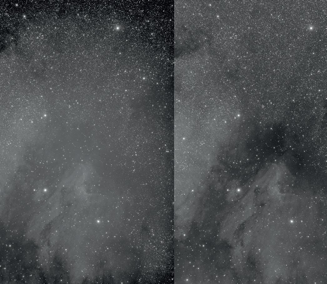Una immagine CCD con contrasto intensificato della nebulosa Pellicano prima (sinistra) e dopo la correzione con flatfield (destra). La visibilità delle strutture e delle nubi oscure migliora sensibilmente, mentre gli angoli scuri dell’immagine sono scomparsi. M.Weigand
