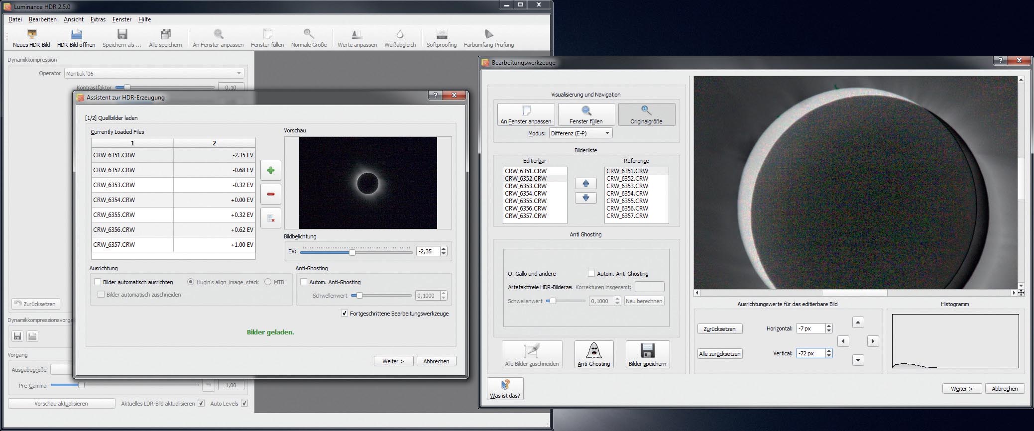 Il programma Luminance HDR nella produzione di una nuova immagine HDR. Nella finestra di dialogo a sinistra si può caricare la serie di immagini. Oltre alla spunta “Strumenti di lavorazione avanzati” non sono necessarie altre impostazioni. La finestra di dialogo a destra permette di controllare e allineare le immagini. M. Weigand
