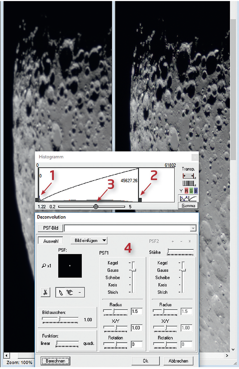 Regolazione dei valori tonali tramite valore nero (1) e bianco (2), valore gamma (3)
e nitidezza tramite deconvoluzione (4) in Fitswork. M. Weigand