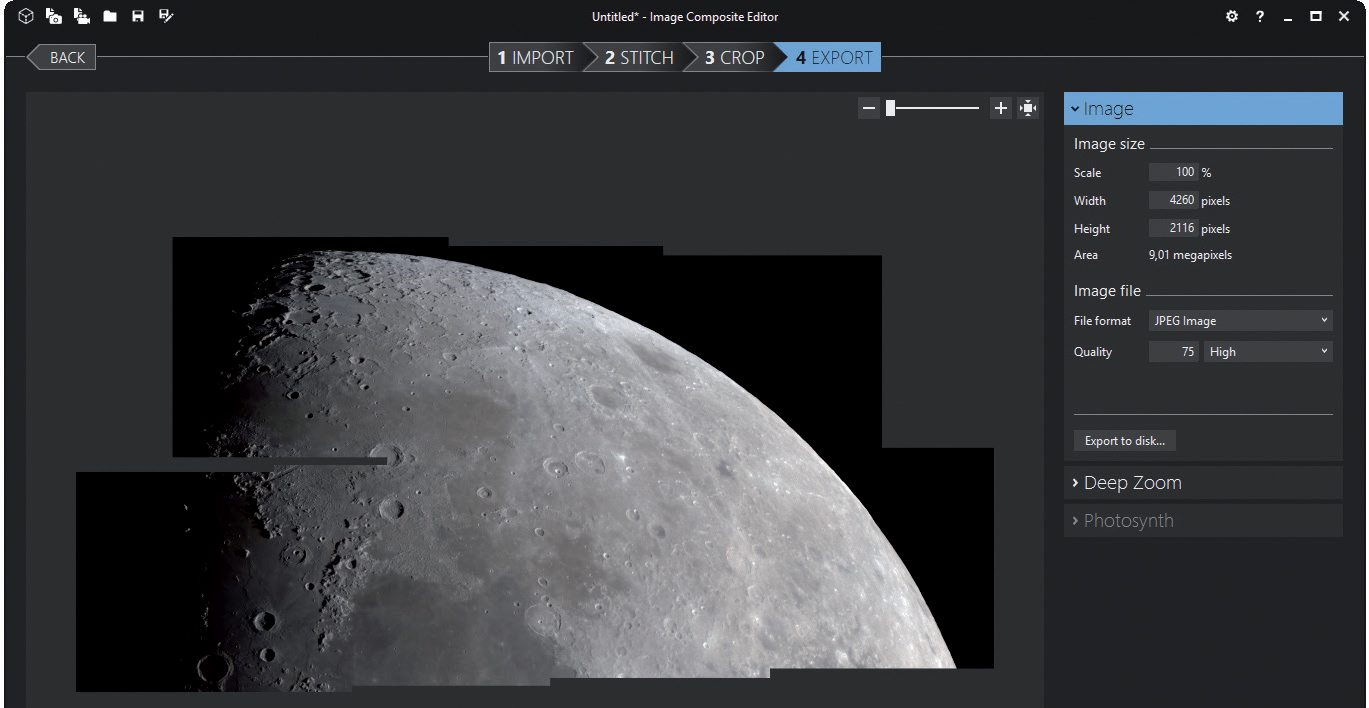 Il programma Image Composite Editor di Microsoft è facile da usare. Il flusso di lavoro è organizzato nei quattro step IMPORT, STITCH, CROP e EXPORT. M. Weigand