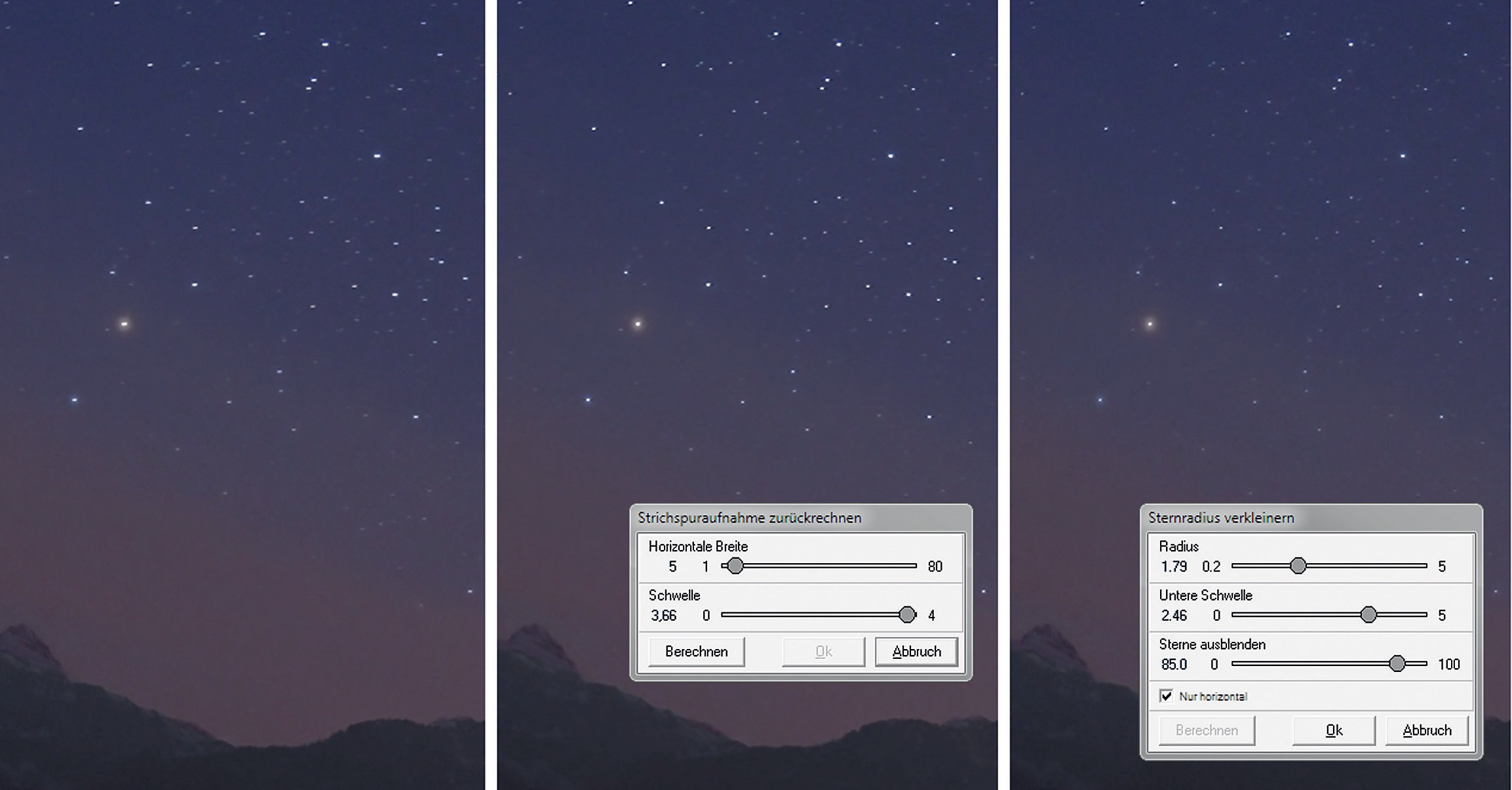 Una immagine della costellazione dello Scorpione sopra le Alpi (a sinistra). Anche se ridotta, sono ancora visibili stelle allungate. 
L’immagine al centro mostra il risultato della funzione “Correzione delle tracce di stelle” con i valori utilizzati. A destra sono visibili le impostazioni e il risultato della funzione “Riduci diametro delle stelle”. M. Weigand