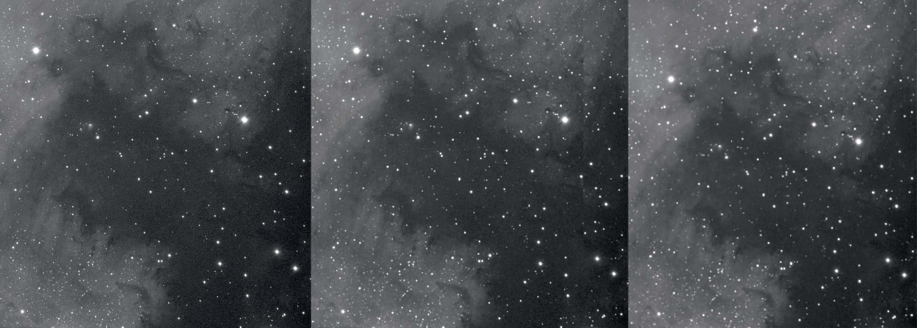 Una porzione della nebulosa Nordamerica senza binning, con binning 2x e 3x (da sinistra a destra). Con il binning si riduce la risoluzione e migliora il rapporto segnale/rumore. M.Weigand