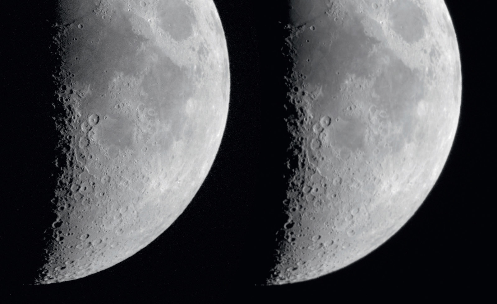 Nelle immagini della Luna con tempi di esposizione molto brevi, l’effetto di un riduttore può essere spiegato molto bene. A sinistra una immagine con f/12,4 e a destra con riduttore, f/6,7 e stesso tempo di esposizione e apertura. L'immagine con il riduttore è stata ingrandita con la stessa scala di ingrandimento. M. Weigand