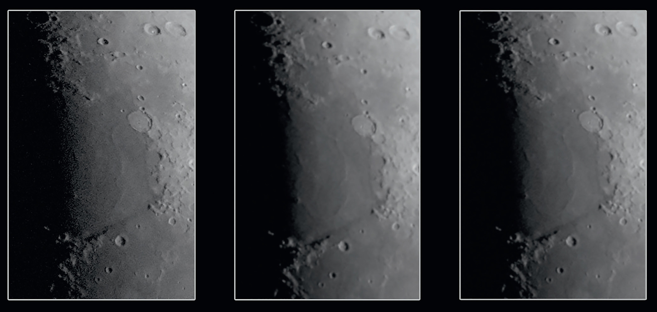 Porzioni ingrandite rivelano le differenze: senza riduttore (sinistra) la risoluzione è migliore, ma le strutture del Mare Serenitatis svaniscono nel rumore al terminatore. Con il riduttore (al centro) la rappresentazione è sensibilmente migliore, ma la nitidezza dei dettagli nel frattempo è visibilmente peggiorata. A destra: l’immagine ridotta in seguito tramite software offre un rumore d’immagine leggermente più forte rispetto all’immagine con riduttore. M. Weigand