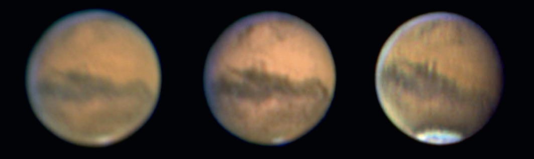 Immagine 4: esempio di impiego di un filtro IR Pass: nel 2003 Marte era molto basso sull’orizzonte. Con un seeing scarso (sinistra) l’immagine appare molto sfocata. La procedura IR-RGB (al centro) permette di distinguere un numero sensibilmente maggiore di strutture di albedo, ma non raggiunge la qualità di uno scatto RGB con seeing migliore. Tutte le immagini sono state ottenute con un telescopio Maksutov da 150 mm. Mario Weigand