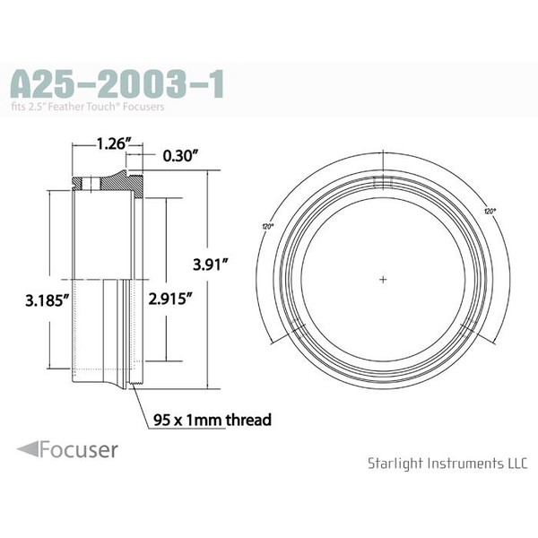 Starlight Instruments Adapter Adattatore 2.5" - filetto maschio 95x1mm, 0.9" L (questo è il nostro FTF25 Serie Teflon-Coupled Collar)