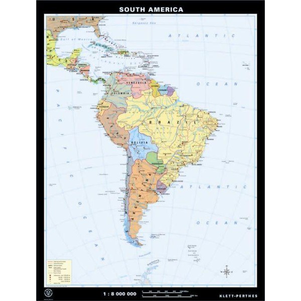 Klett-Perthes Verlag Mappa Continentale Sud America, fisica / politica (in carta) fronte/retro